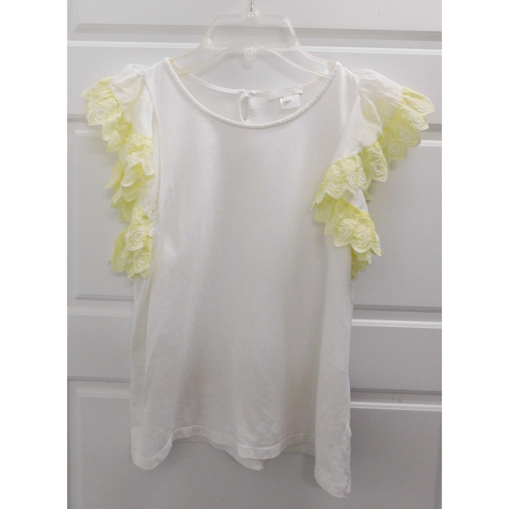 CHLOE White Broderie Anglaise Yellow Lace Shortleeve Size 14 XS